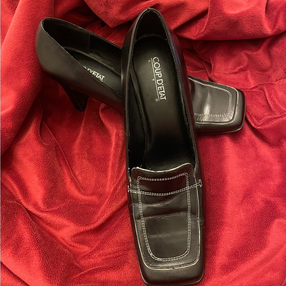 Black Leather Square Toe Heels